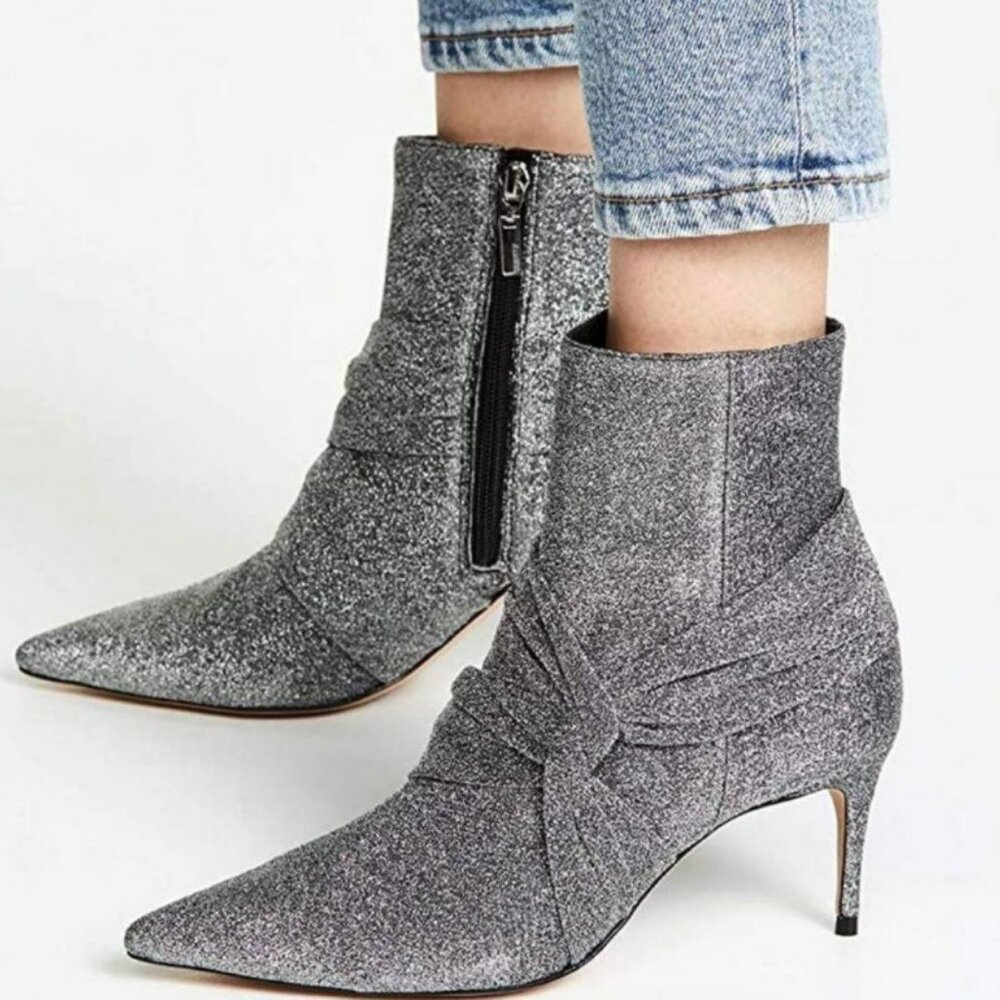 SCHUTZ Adryen Glitter Ankle Point Toe Side Zip Stiletto Booties Prata Silver NWT